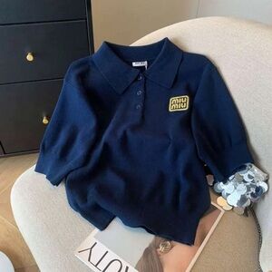 MIU MIU dark blue knit polo short-sleeved top